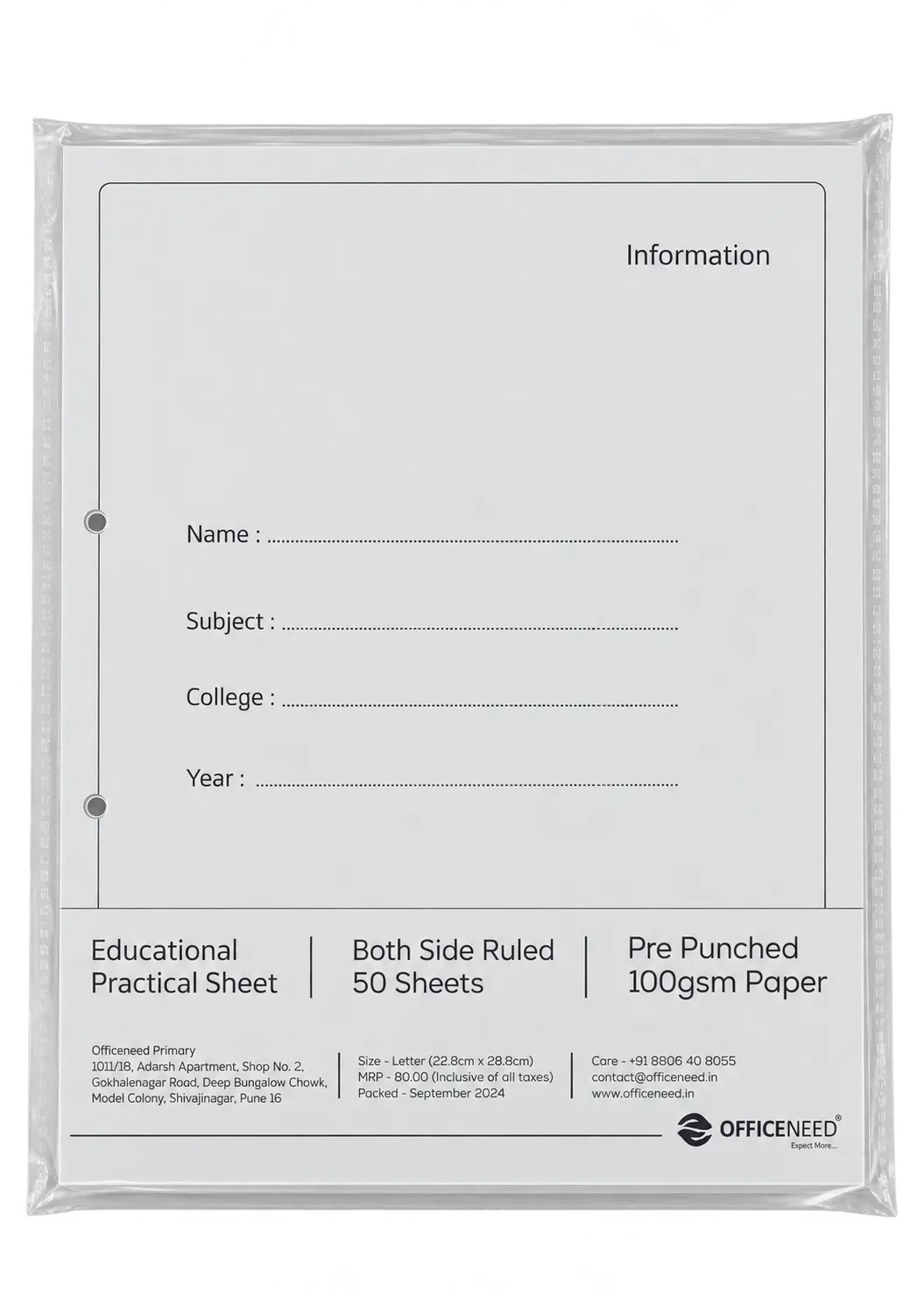Practical Sheets for College – One Side Ruled, 50 Sheets