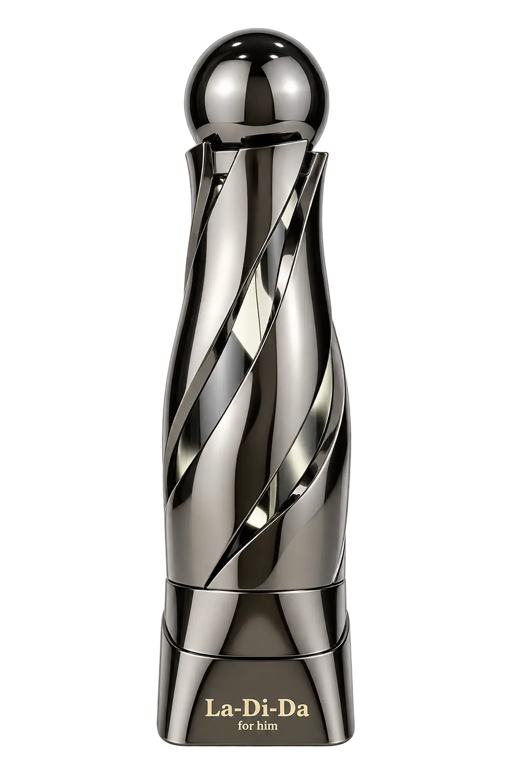 A metallic La-Di-Da for him perfume bottle with a twisted spiral design and a spherical cap, shown on a solid white background.