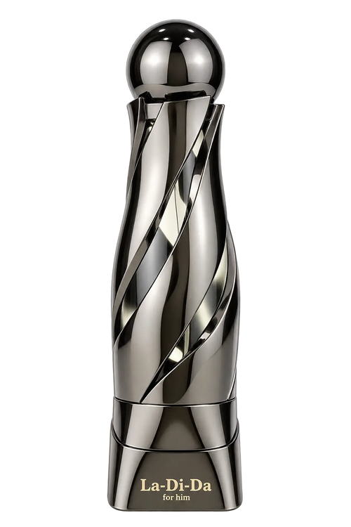A metallic La-Di-Da for him perfume bottle with a twisted spiral design and a spherical cap, shown on a solid white background.