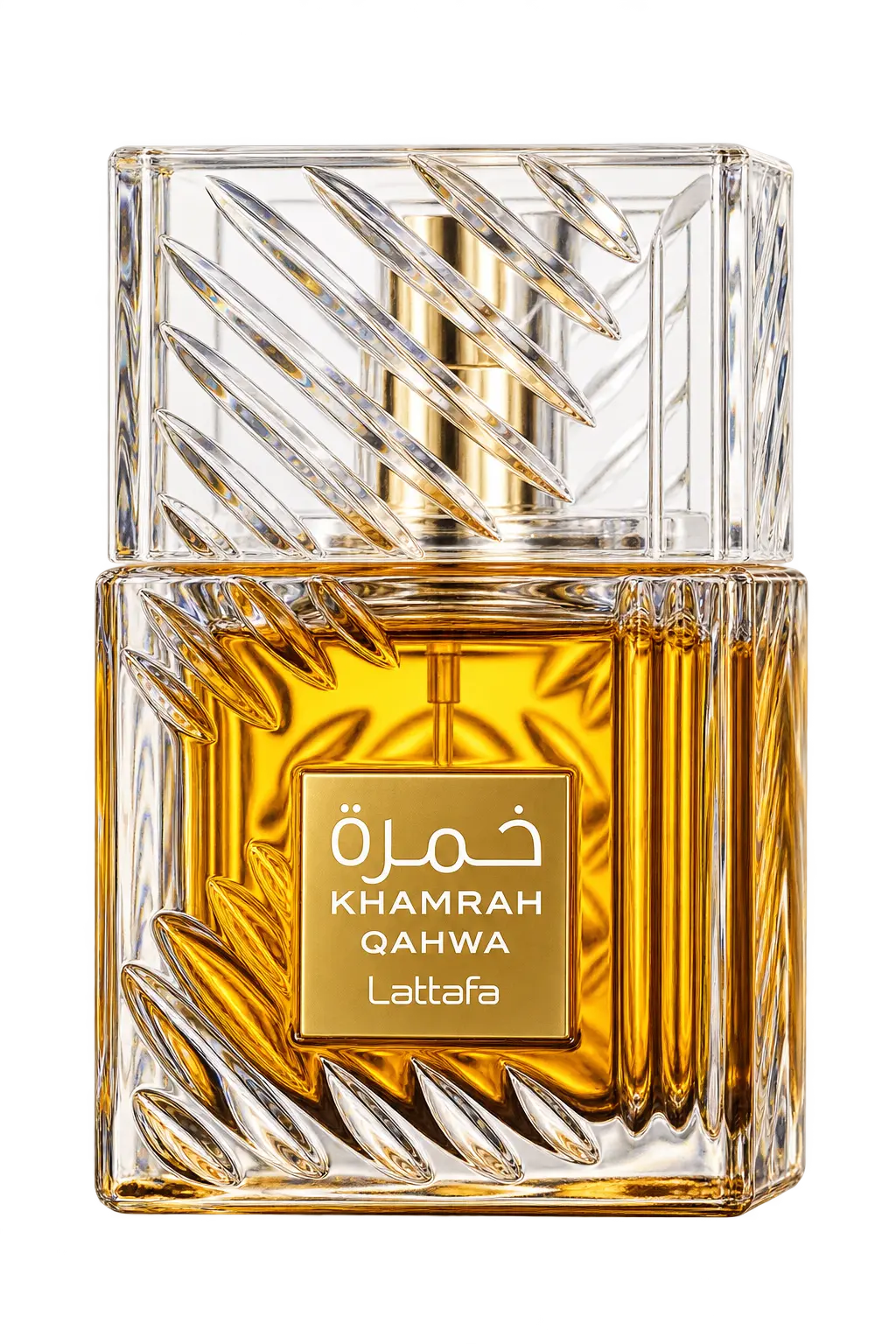 A luxury perfume bottle for Khamrah Qahwa by Lattafa, featuring a clear cut-glass design with a golden liquid inside and a gold label on the front.