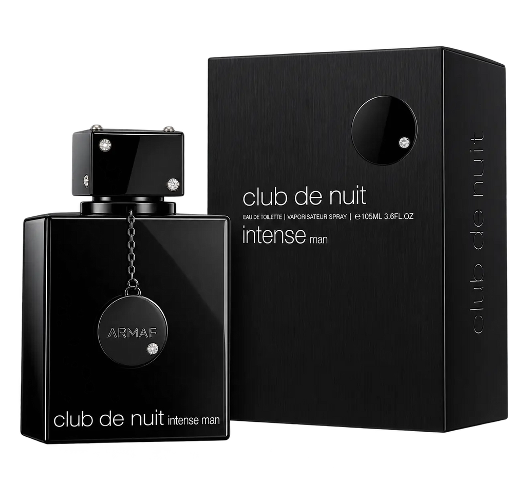 A bottle of Club de Nuit Intense Man cologne next to its black packaging box, both featuring the ARMAF brand name and a circular logo with a small crystal accent, set against a plain white background.