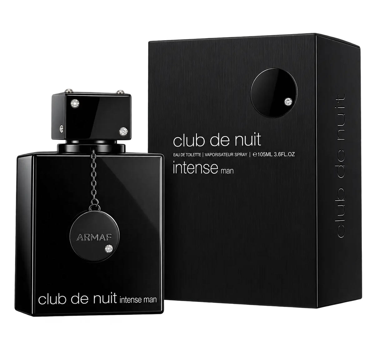 A bottle of Club de Nuit Intense Man cologne next to its black packaging box, both featuring the ARMAF brand name and a circular logo with a small crystal accent, set against a plain white background.