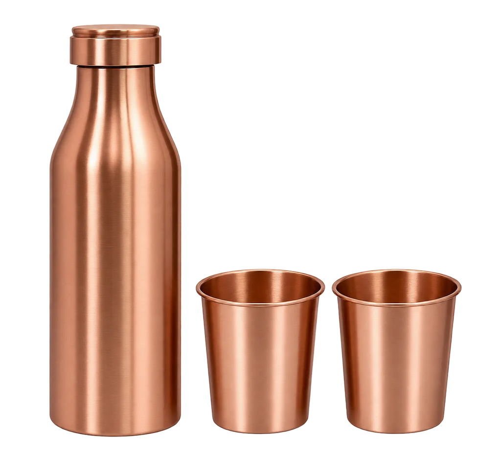 A copper-colored metal water bottle with a matching lid, shown next to two matching metal cups on a plain white background.