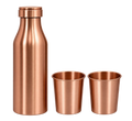 A copper-colored metal water bottle with a matching lid, shown next to two matching metal cups on a plain white background.