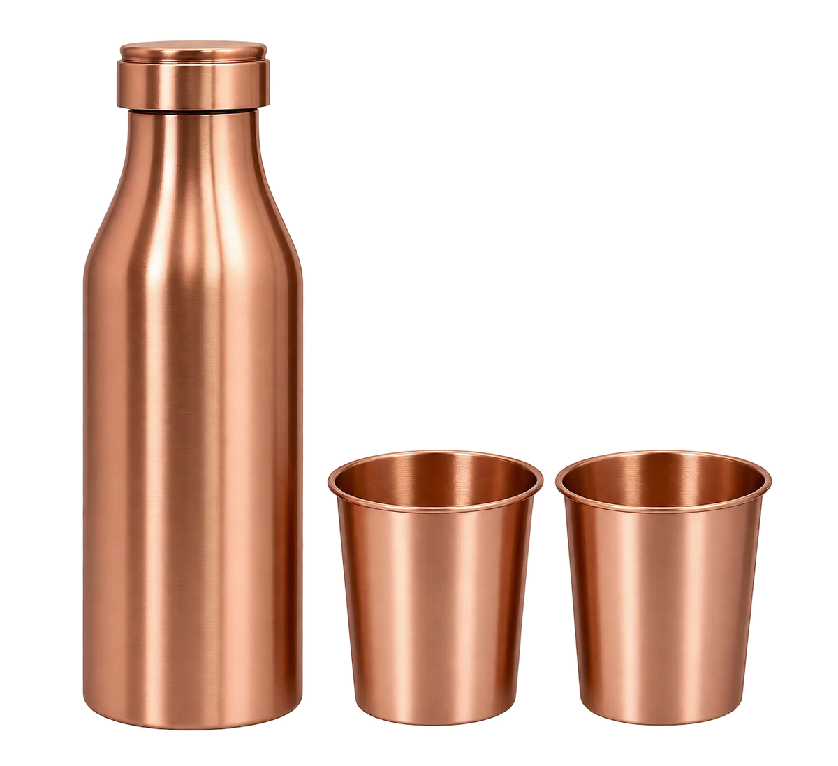 A copper-colored metal water bottle with a matching lid, shown next to two matching metal cups on a plain white background.