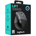 Logitech Lift Vertical Ergonomic Mouse retail packaging box, featuring a black and teal design with a photo of the dark gray wireless mouse on the front.