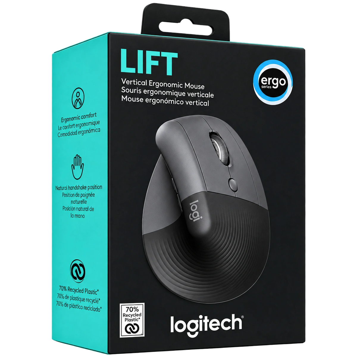 Logitech Lift Vertical Ergonomic Mouse retail packaging box, featuring a black and teal design with a photo of the dark gray wireless mouse on the front.