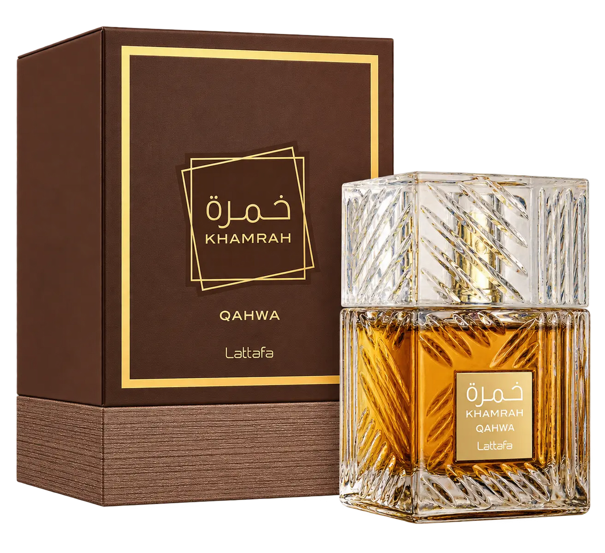 A bottle of Lattafa Qahwa Khamrah perfume with amber liquid and a faceted clear cap, shown next to its dark brown box with gold detailing on a white background.