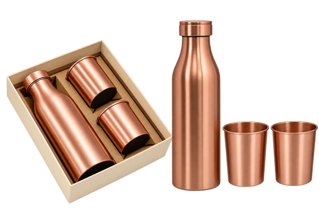 A copper-colored stainless steel water bottle and two matching cups, shown both standing upright and inside a beige gift box on a white background.