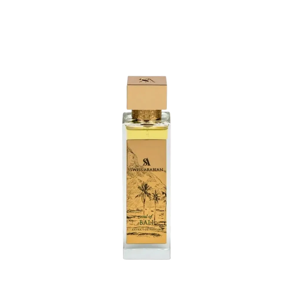 Perfume bottle with gold cap and label on a white background