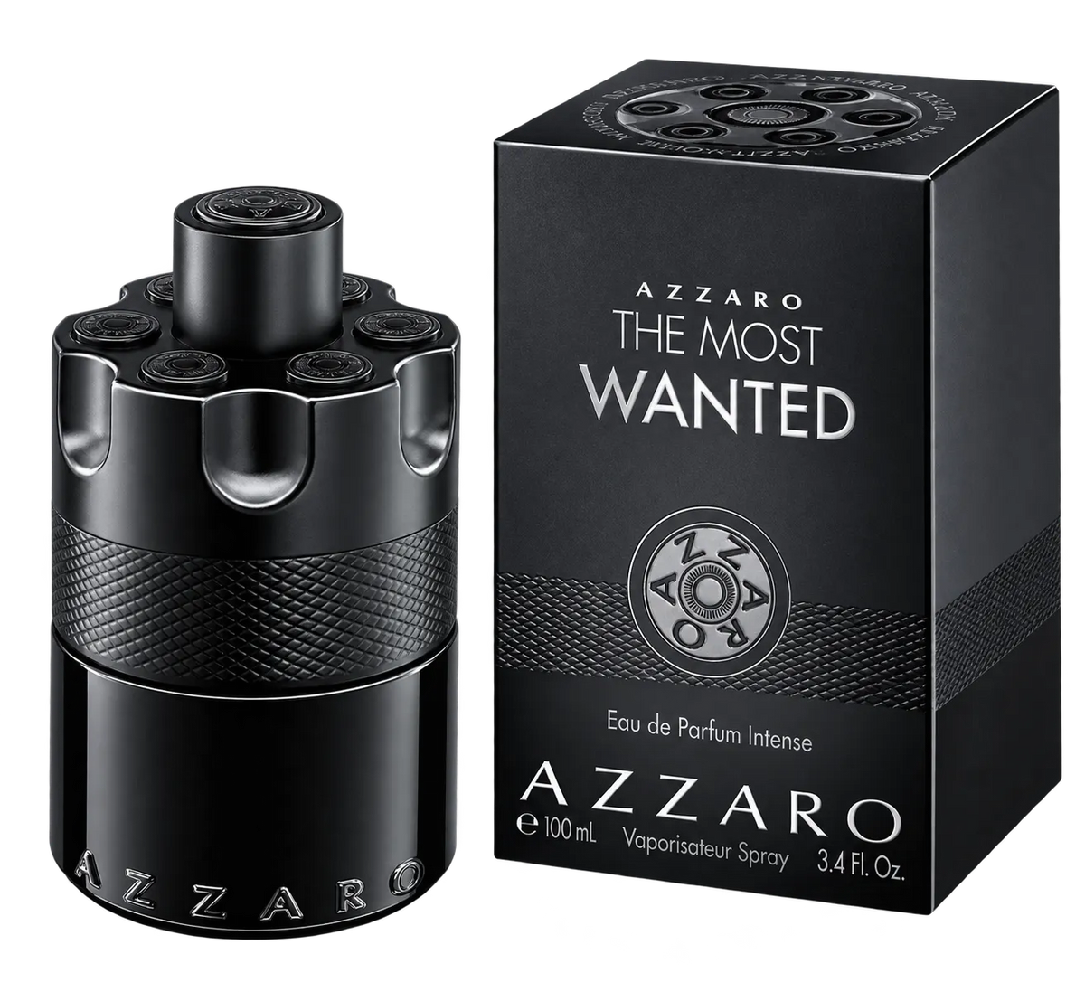 A 100 ml bottle of Azzaro The Most Wanted Eau de Parfum next to its black packaging box, featuring a metallic gun-cylinder design and bold white lettering on a clean white background.