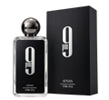 A 110ml bottle of Afnan 9 PM Eau de Parfum next to its black ribbed packaging box, both featuring a prominent silver '9 pm' logo on a black background.