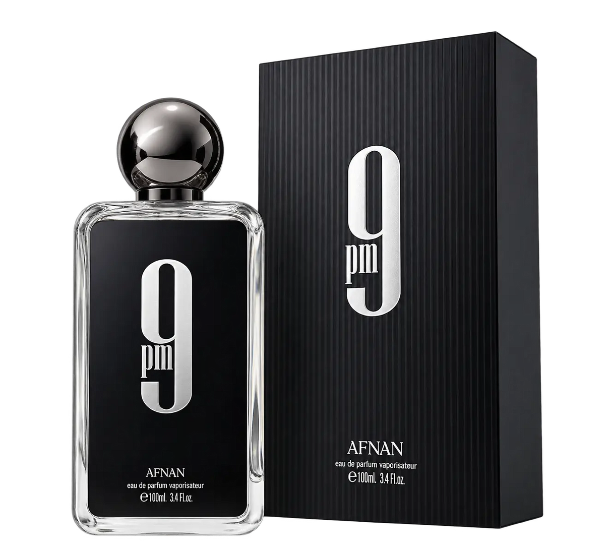 A 110ml bottle of Afnan 9 PM Eau de Parfum next to its black ribbed packaging box, both featuring a prominent silver '9 pm' logo on a black background.