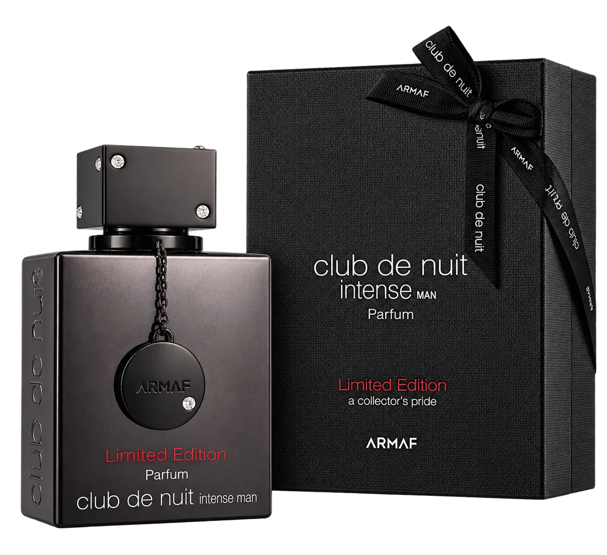 ARMAF Club de Nuit Intense Man Parfum bottle in a dark metallic black finish, shown alongside its textured black gift box with a black ribbon printed with the brand name.