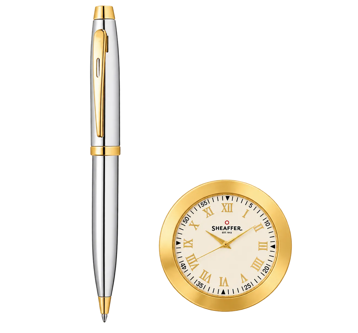 Title: Sheaffer Gift Set 100 Ballpoint Pen With Table Clock Bright Chrome With Gold Trims