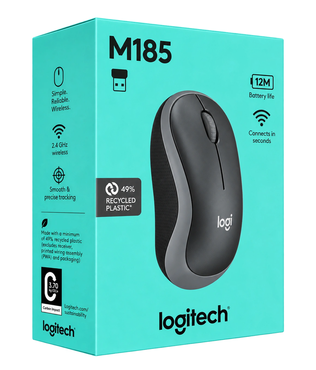 Logitech M185 wireless mouse retail packaging box in bright turquoise, featuring a large photo of the black and gray mouse on the front.