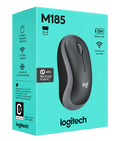 Logitech M185 wireless mouse retail packaging box in bright turquoise, featuring a large photo of the black and gray mouse on the front.