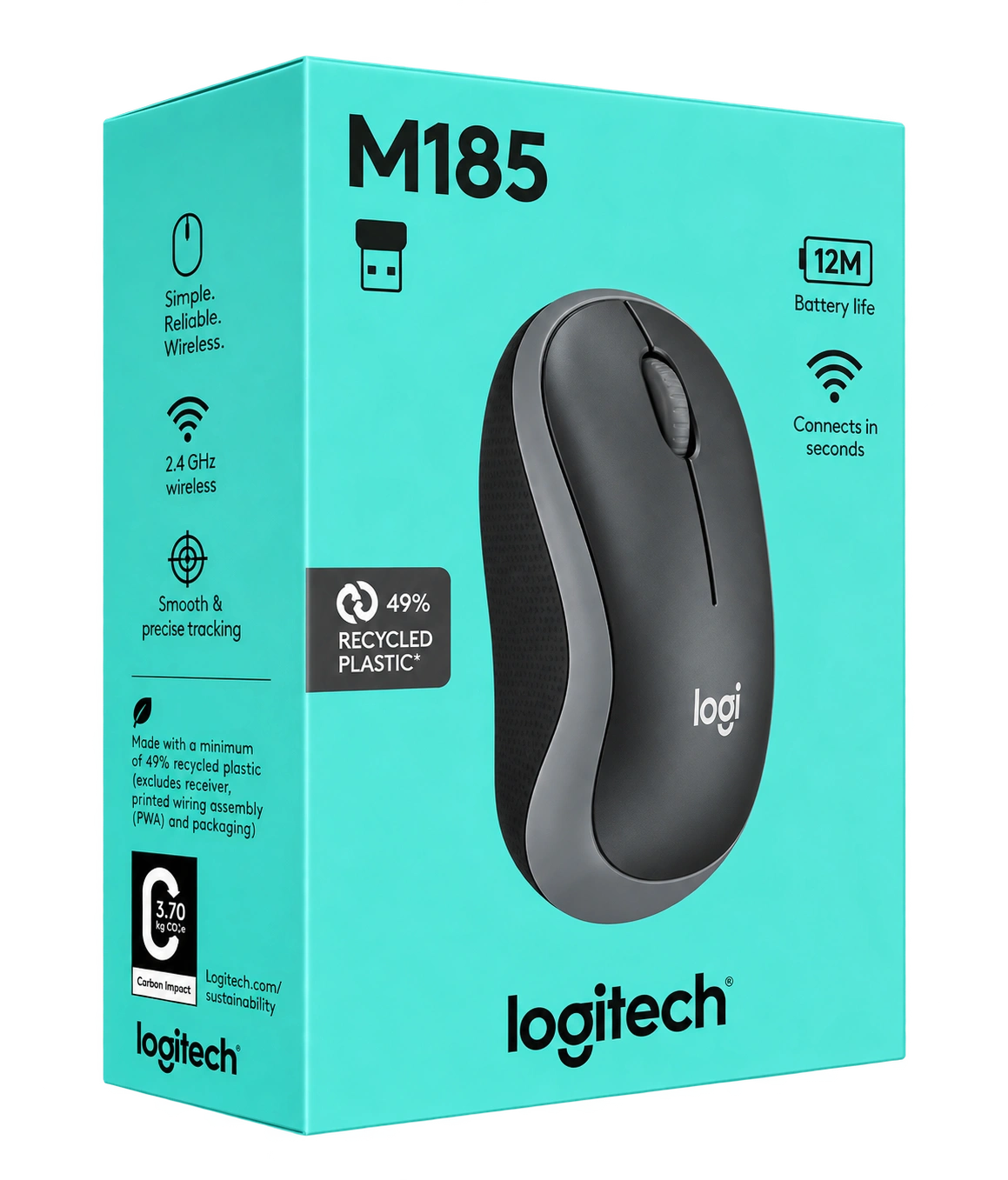 Logitech M185 wireless mouse retail packaging box in bright turquoise, featuring a large photo of the black and gray mouse on the front.