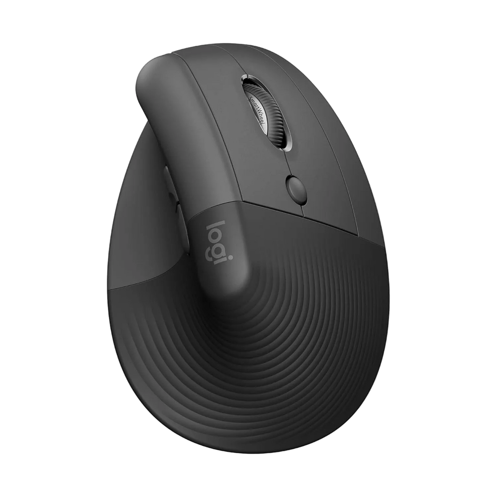 Black Logitech mouse on a white background