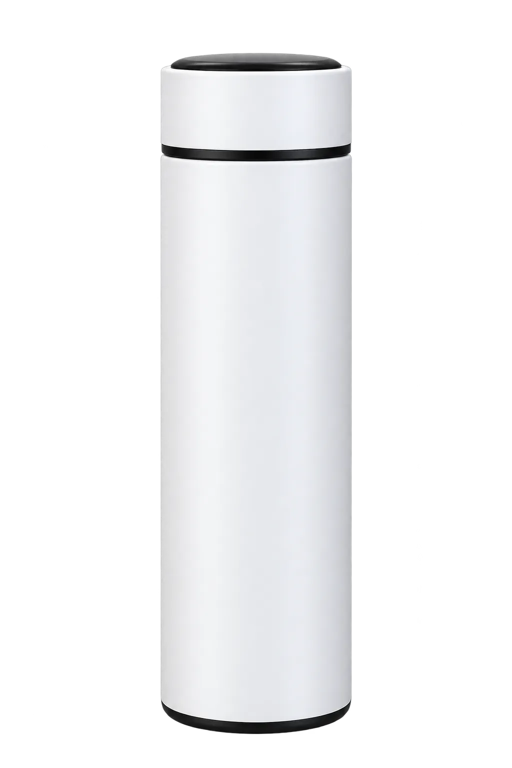 A sleek, modern cylindrical trash can with a brushed silver body, black top lid, and black base trim, shown on a solid white background.