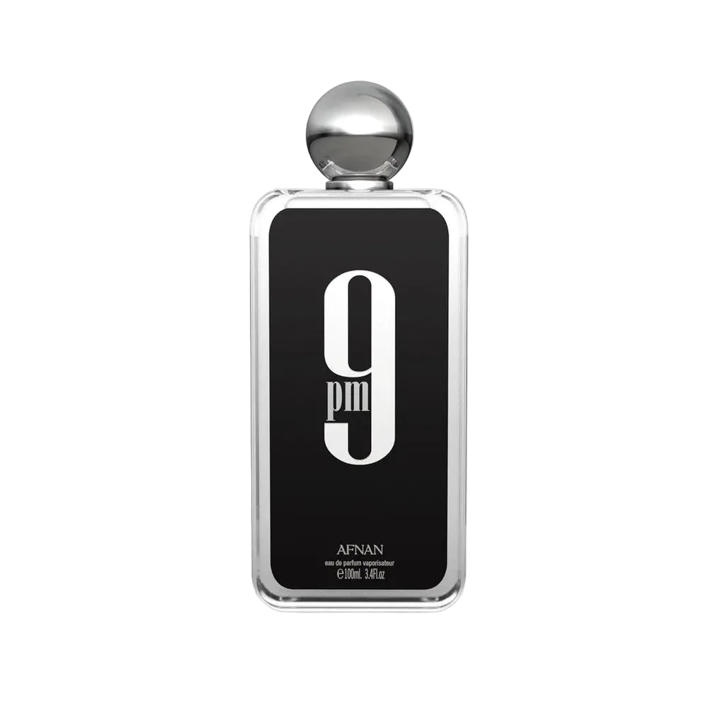 A rectangular perfume bottle with a black front label featuring a large white '9 pm' logo, a silver metallic border, and a spherical silver cap, centered on a light gray background.