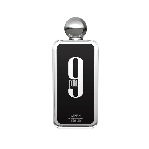 A rectangular perfume bottle with a black front label featuring a large white '9 pm' logo, a silver metallic border, and a spherical silver cap, centered on a light gray background.