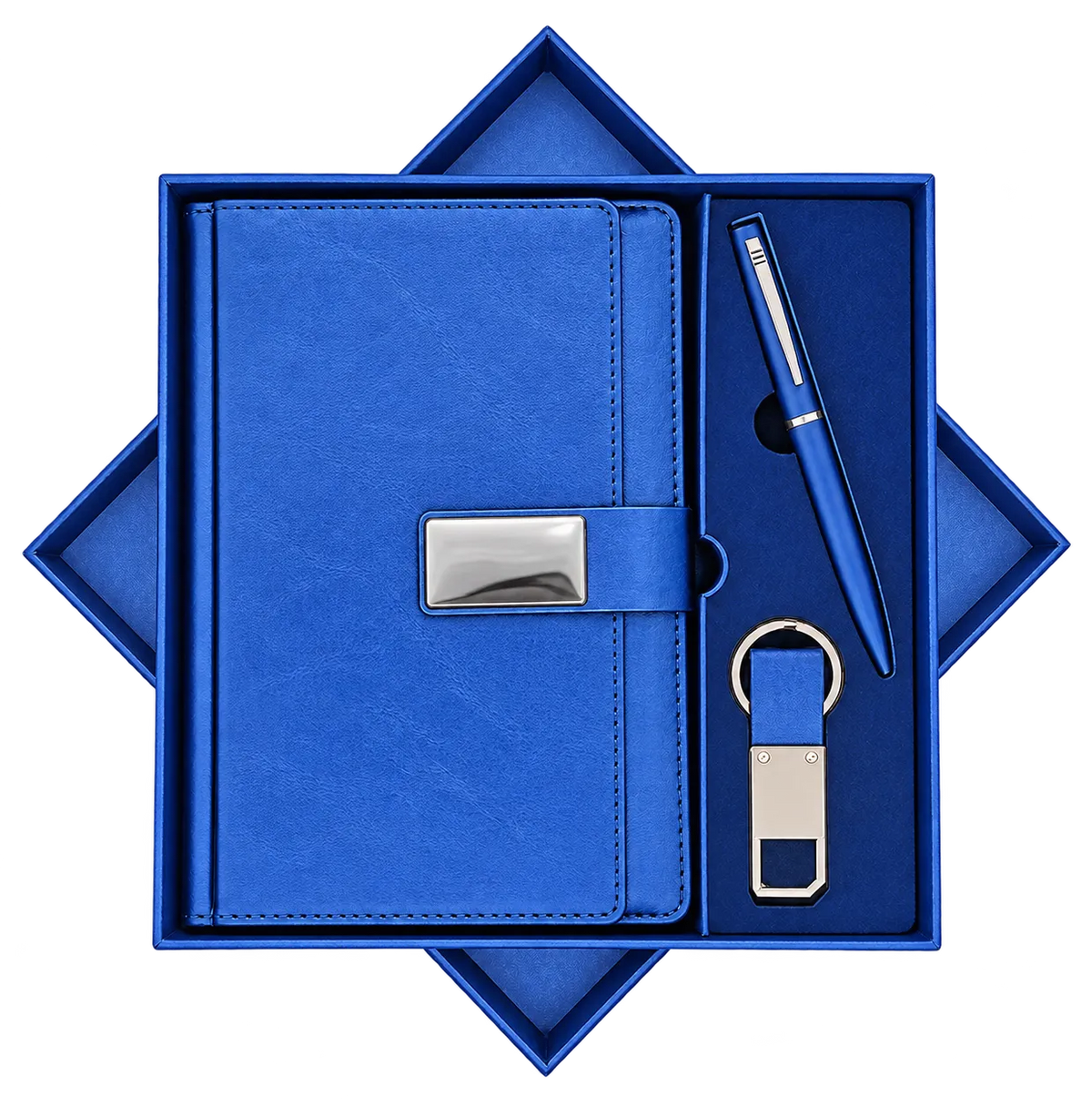 A blue leather notebook set in a matching blue gift box, accompanied by a blue pen and keychain with silver metal accents.