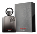 AFNAN Supremacy 'not only intense' fragrance bottle in a dark metallic finish, shown next to its textured gray packaging box with an embossed monogram.