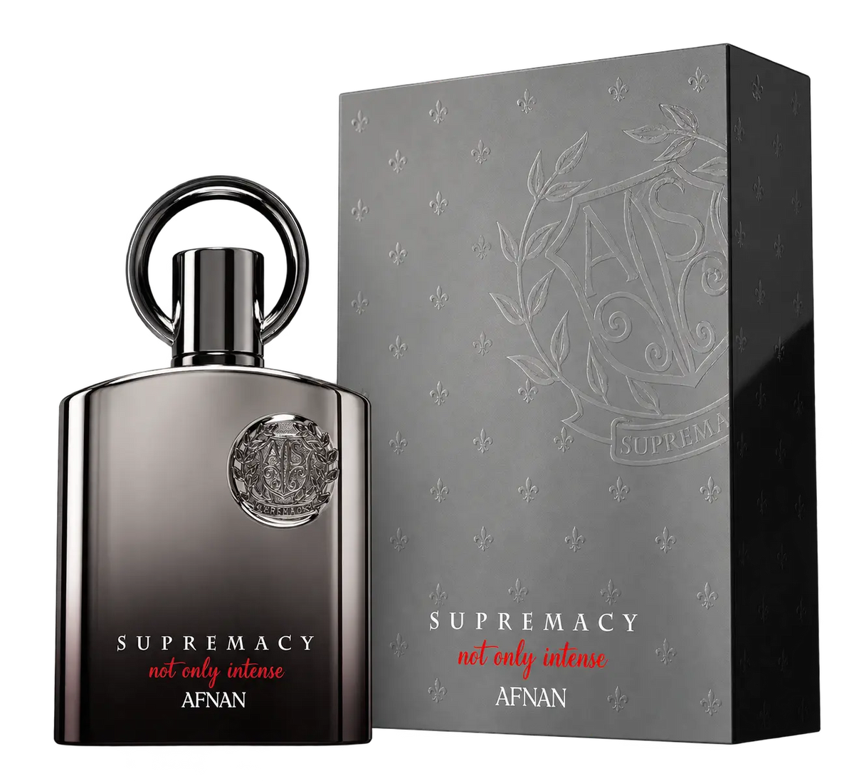 AFNAN Supremacy 'not only intense' fragrance bottle in a dark metallic finish, shown next to its textured gray packaging box with an embossed monogram.