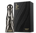 La-Di-Da for him Arabiyat Prestige perfume bottle in a polished metallic silver finish, standing next to its black and gold textured packaging box on a white background.
