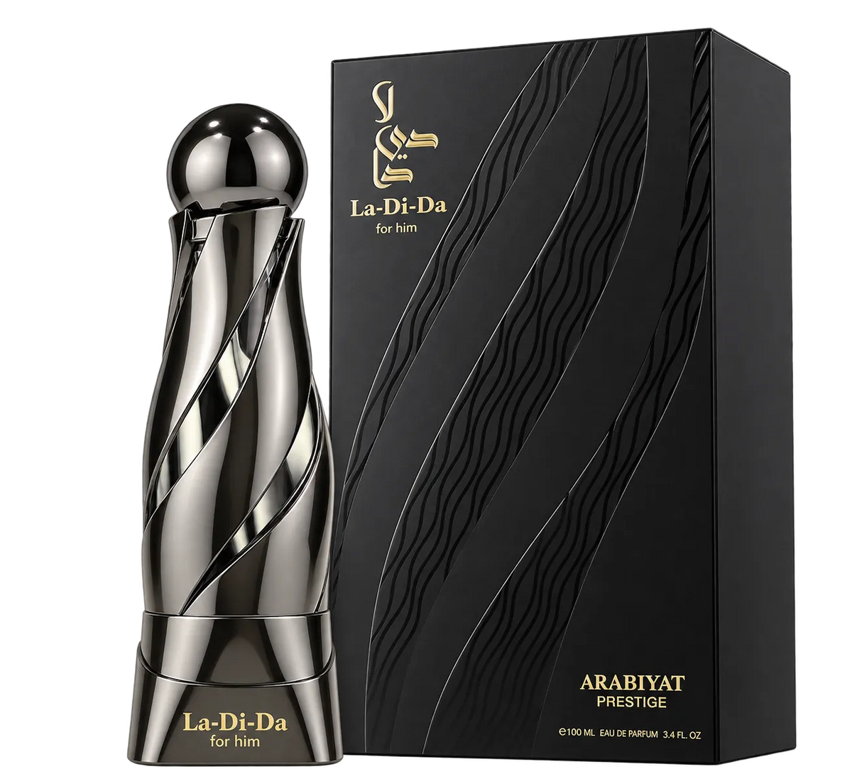 La-Di-Da for him Arabiyat Prestige perfume bottle in a polished metallic silver finish, standing next to its black and gold textured packaging box on a white background.