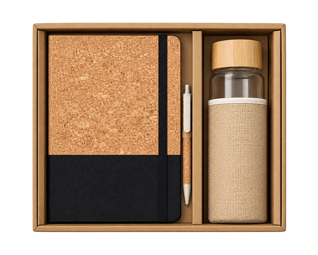 Premium 3-in-1 Eco-Friendly Cork Diary, Glass Bottle & Pen Gift Set