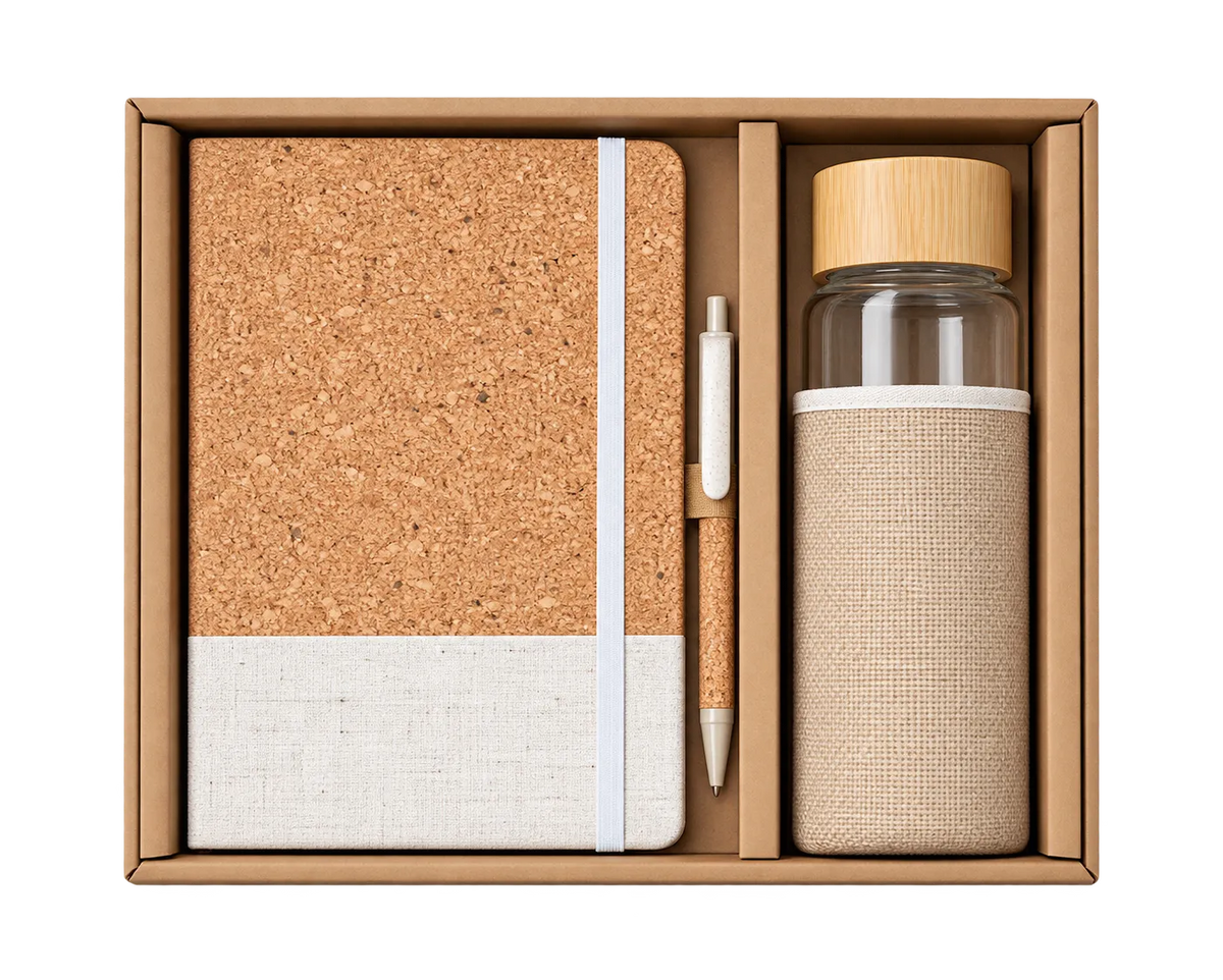 Premium 3-in-1 Eco-Friendly Cork Diary, Glass Bottle & Pen Gift Set