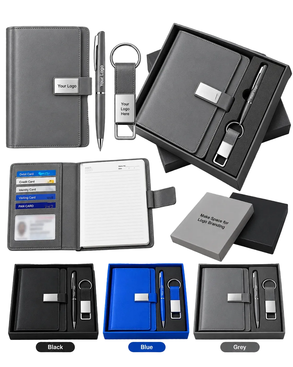 Customizable leatherette gift set featuring a notebook, pen, keychain, and bottle opener, shown in black, blue, and grey color options with their packaging on a white grid background.