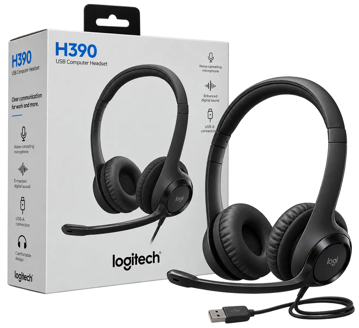 Logitech H390 USB Headset with Noise-Cancelling Mic – Black
