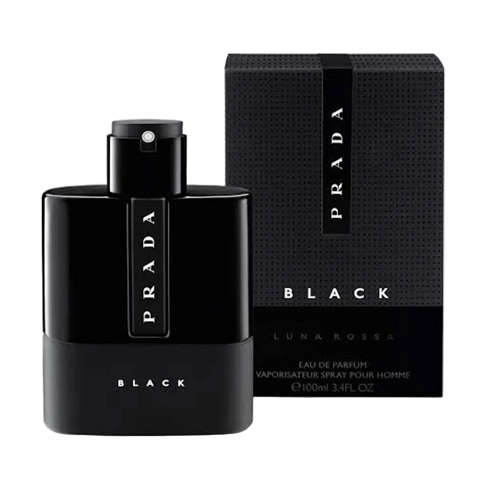 Black Prada Luna Rossa perfume bottle and packaging on a white background