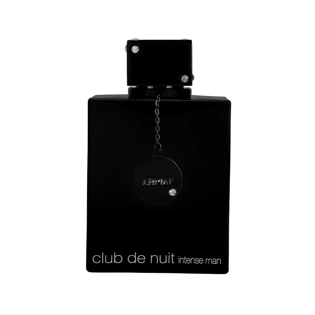 Black perfume bottle labeled 'club de nuit intense man' on a white background