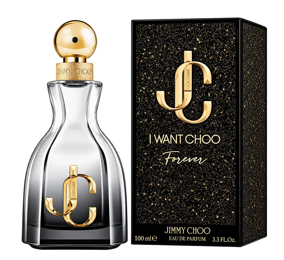 Jimmy Choo I Want Choo Forever Eau de Parfum bottle and its black glittery retail box, featuring a gold 'JC' logo and a gold spherical cap on a white background.