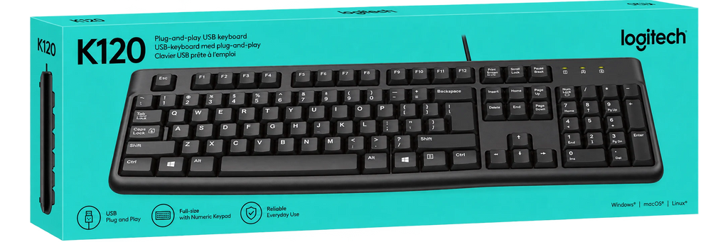 Logitech K120 Wired USB Keyboard – Full-Size Keyboard with Numeric Keypad