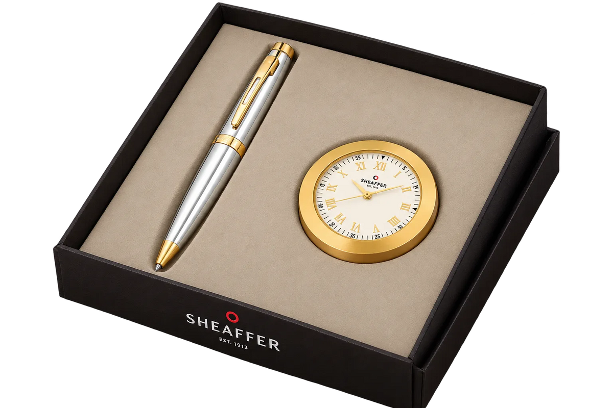 Title: Sheaffer Gift Set 100 Ballpoint Pen With Table Clock Bright Chrome With Gold Trims