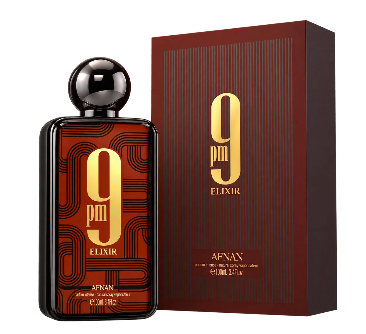 A bottle of Afnan 9 pm Elixir perfume next to its matching dark red and brown box packaging, featuring gold lettering and a black spherical cap.