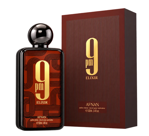 A bottle of Afnan 9 pm Elixir perfume next to its matching dark red and brown box packaging, featuring gold lettering and a black spherical cap.