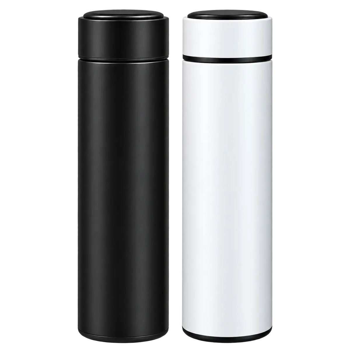 Two tall insulated water bottles shown side by side on a plain white background. The left bottle is matte black, and the right bottle is metallic silver with a black band near the top.