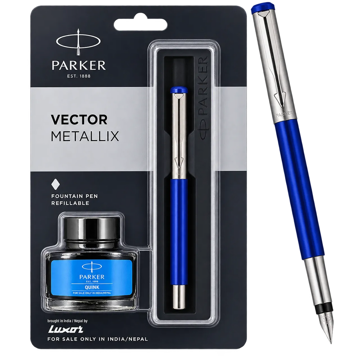 Parker Vector Mettalix Fountain Pen with Quink Ink Bottle