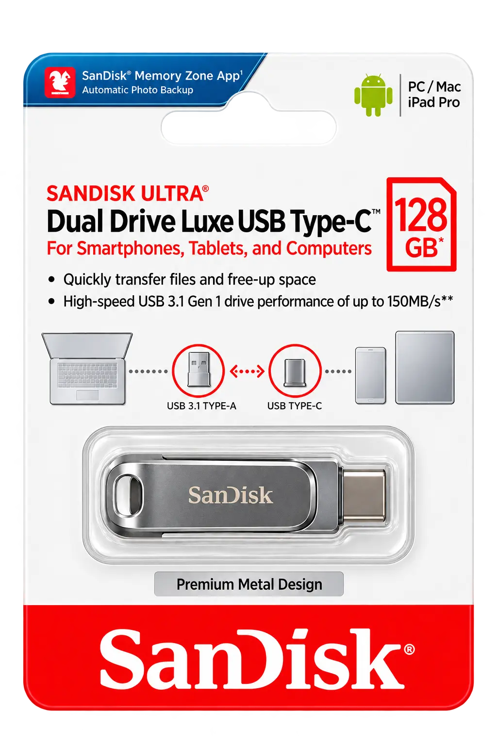 SanDisk Ultra Dual Drive Luxe 128GB USB Type-C Flash Drive