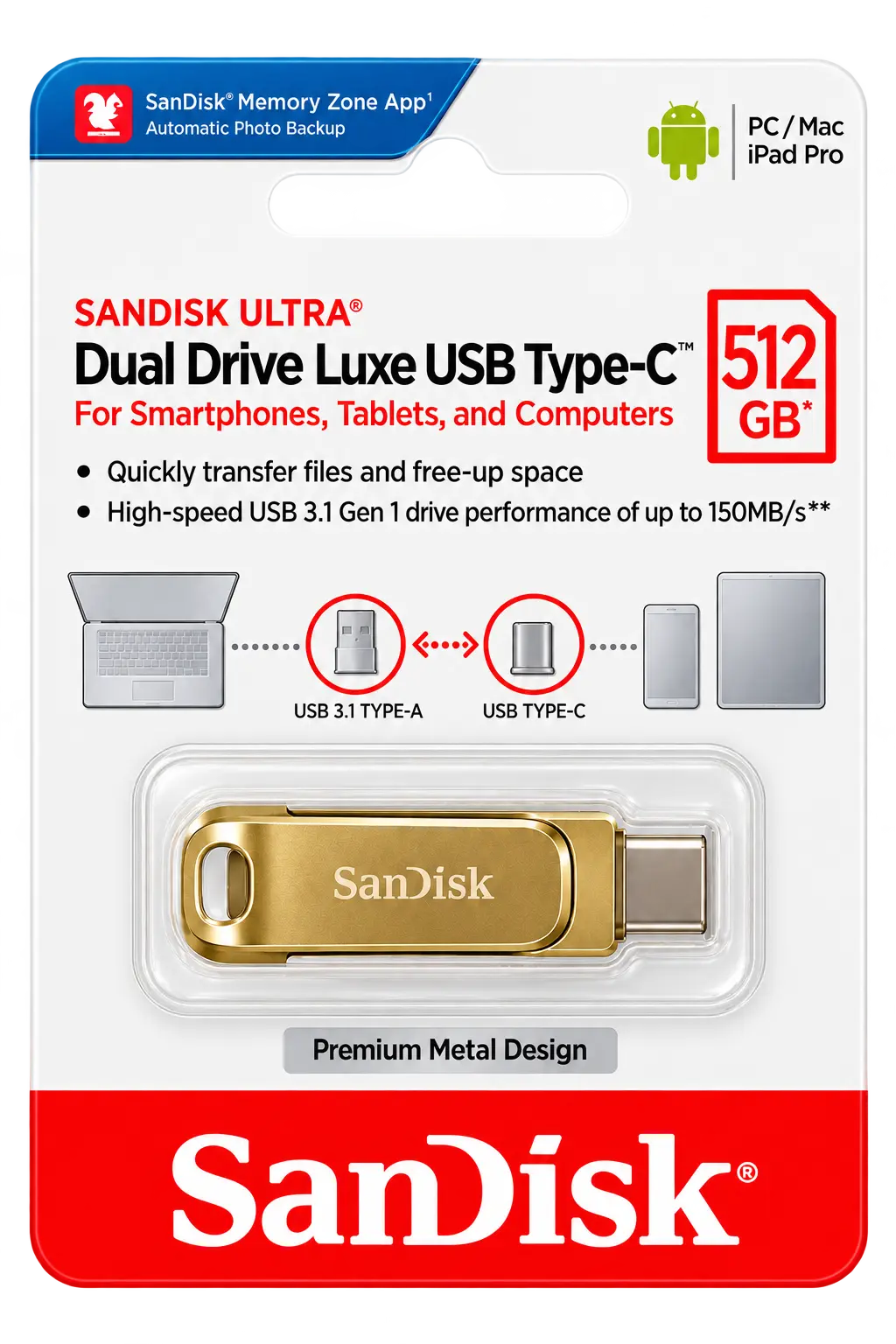 SanDisk Ultra Dual Drive Luxe 512GB USB Type-C Flash Drive