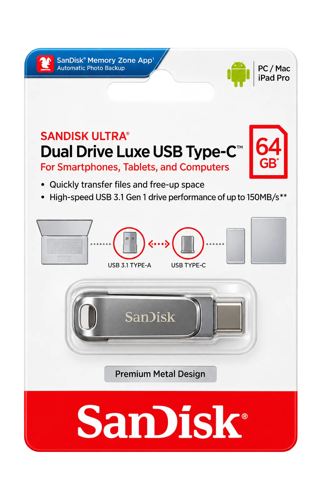 SanDisk Ultra Dual Drive Luxe 64GB USB Type-C Flash Drive
