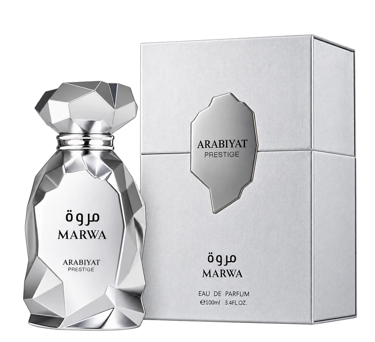 Arabiyat Prestige Marwa perfume bottle and its matching silver box on a clean white background.
