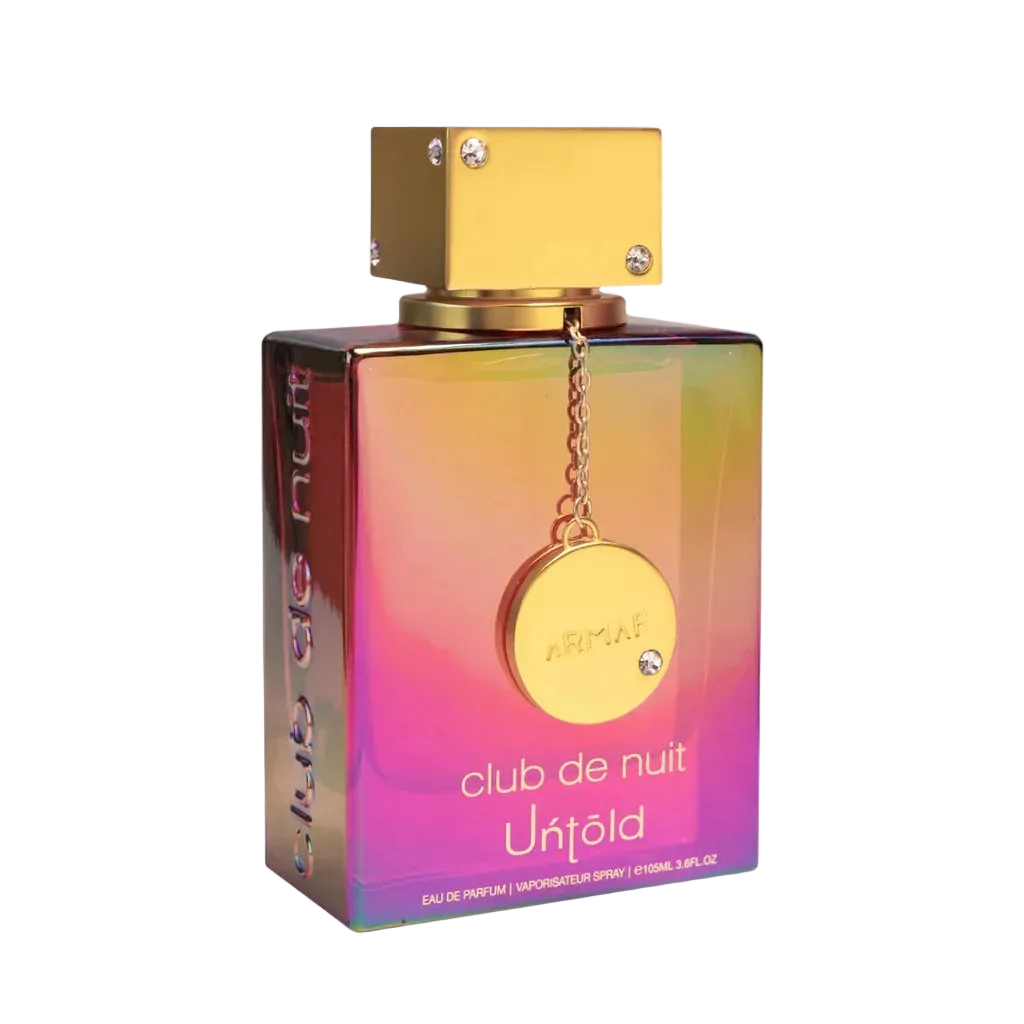 Perfume bottle with gradient design and gold cap on a white background