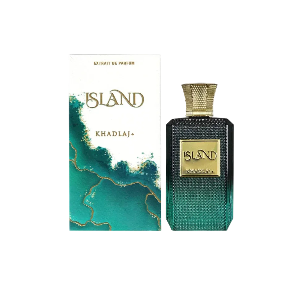 Perfume bottle and packaging with 'Island' branding on a white background